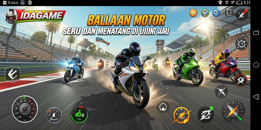 Antarmuka <strong>IDAGAME</strong> yang menarik dan fungsional saat balapan motor.