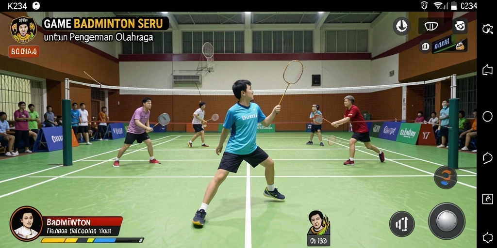 Antarmuka game K234 menampilkan gameplay badminton yang dinamis dan grafis menarik.